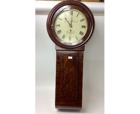 Hedge and Banister of Colchester, early 19th century mahogany drop dial tavern clock with painted circular dial, and four pil