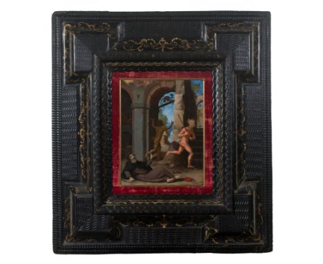 Flemish School. 16th century.  "The Temptations of Saint Anthony the Great"  Oil on copper. 24 x 18.7 cm.   Period frame in e