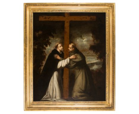 Possibly Valencian School.  First third of the 17th century.  "The embrace of Saint Francis and Saint Dominic"  Oil on canvas