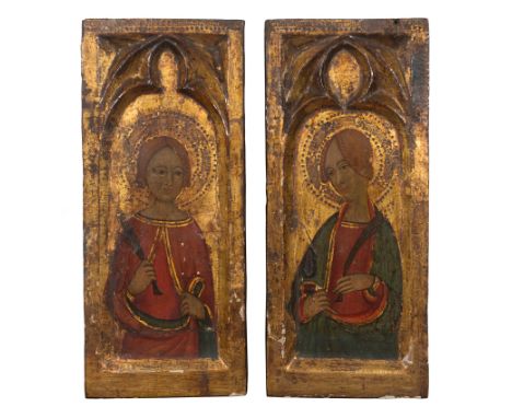 Master of Estamariu. Late 14th century.  Two fragments of altarpiece inserts with saints depicted on them.  Tempera on pine w