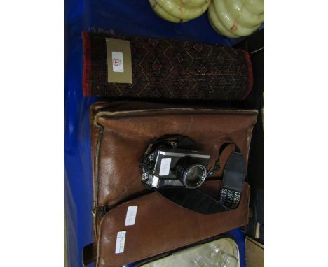 SMALL REPEATING LOZENGE PRAYER RUG, A FURTHER LEATHER SATCHEL AND AN OLYMPUS-S CAMERA 