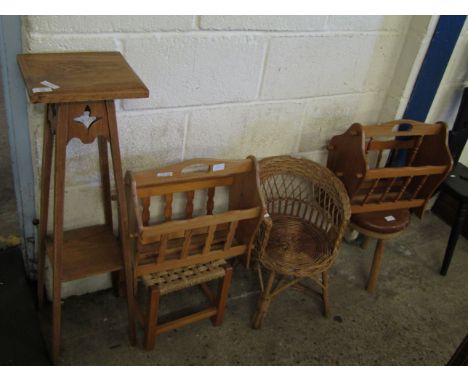 OAK SQUARE TOP PLANT STAND, MAGAZINE RACK, RATTAN TOP STOOL, WICKER CHILD’S CHAIR, MAGAZINE RACK AND SMALL LEATHER STOOL (6)