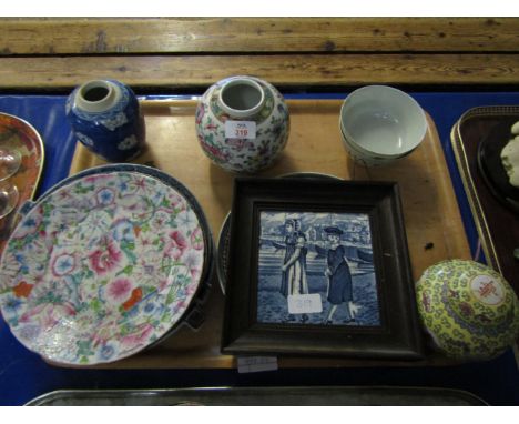FRAMED MINTON TILE, 19TH CENTURY ORIENTAL HOTPLATES, GINGER JARS ETC 