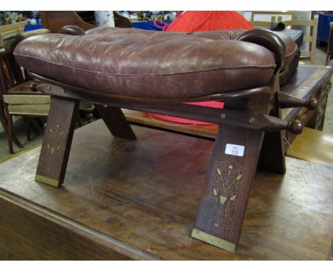 EASTERN HARDWOOD LEATHER TOP AND BRASS INLAID CAMEL STOOL 