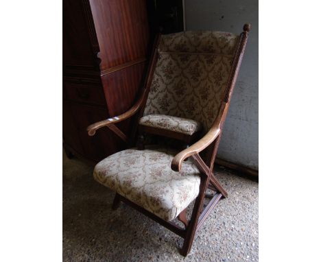 AMERICAN OAK FRAMED ARMCHAIR WITH X-FRAME STRETCHER TOGETHER WITH A FURTHER SQUAT STOOL