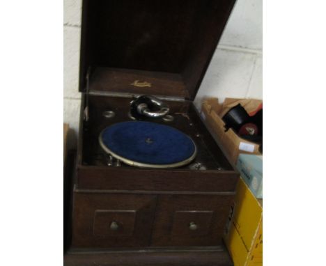 OAK CASED MAXITONE RECORD PLAYER AND MIXED RECORDS