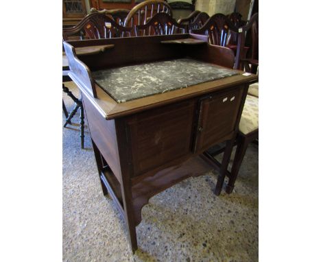 MAHOGANY FRAMED MARBLE TOP WASH STAND WITH TWO CUPBOARD DOORS WITH OPEN SHELF 