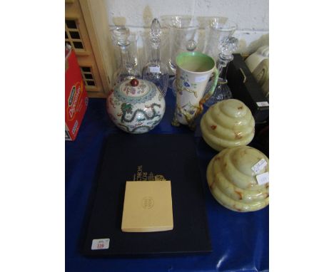 BOXED ROYAL WORCESTER CAKE KNIFE AND STAND TOGETHER WITH A CLARICE CLIFF VASE, MIXED CUT GLASS DECANTERS, TWO MOTTLED LAMP SH