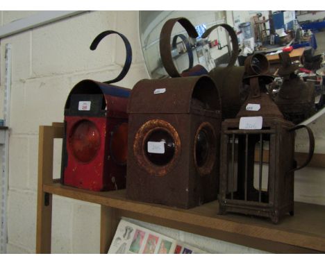 TWO RAILWAY SIGNAL LIGHTS AND A FURTHER CAGED LANTERN (3)