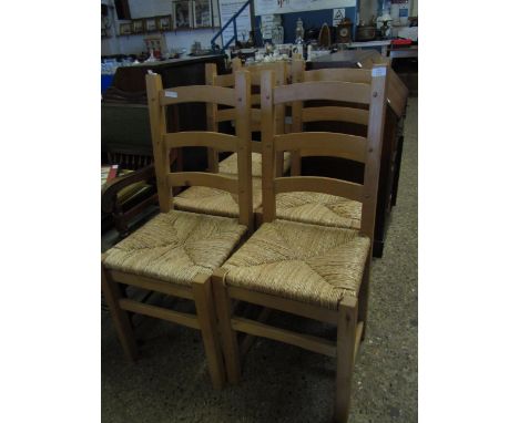 SET OF FIVE BEECHWOOD LADDER BACK DINING CHAIRS WITH RATTAN SEATS 