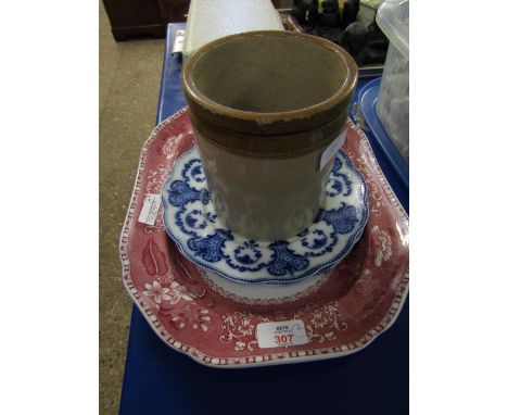 STONEWARE JAR, TWO BLUE AND WHITE PRINTED PLATES AND A SPODE CAMILLA DISH 