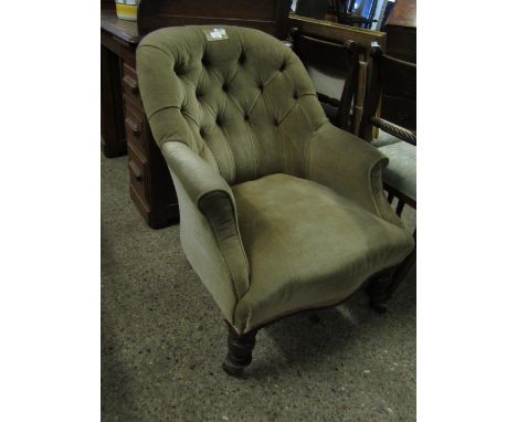 VICTORIAN MUSHROOM UPHOLSTERED BUTTON BACK ARMCHAIR WITH TURNED FRONT LEGS AND RAISED ON PORCELAIN CASTORS 