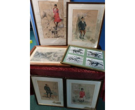 Framed and mounted sketch of a huntsman, black &amp; white engraving, shooting related engraving, various countryside picture