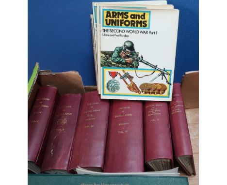 Box containing a quantity of military reference research books relating to military uniforms, including Uniforms Of The Briti