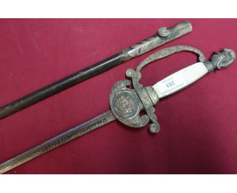Belgium courtiers sword with tri-form straight blade with engraved detail and makers detail for Hill's Brothers Old Bond Stre