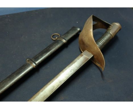 19th C Cavalry sabre with 35 inch single slightly curved fullered blade, stamped S and K, with half basket hilt and ribbed gr