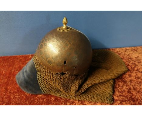 19th C Ottoman bowl shaped helmet with central finial, chain mail and face guard engraved with various detail 