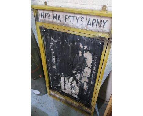 Late Victorian army notice board, the top panel painted 'Her Majesty's Army' (67.5cm x 114cm) 