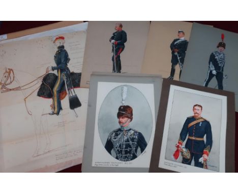 Six military watercolours by E.A. Campbell circa 1933 - 1944 of various Yeomanry uniforms, and a watercolour/sketch of a moun