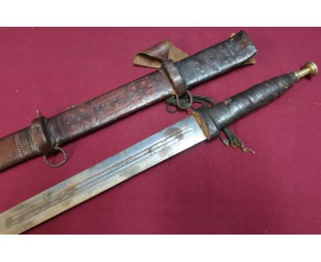 North African Sudanese style sword with 31 inch double edge blade with leather bound grip and leather scabbard 