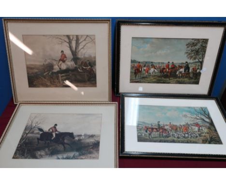 Set of four framed &amp; mounted coloured hunting prints and two pairs of similar pictures (8) 