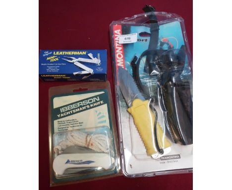 Diver knife &amp; sheath, a Yachtsman knife sealed as new, and a Leatherman multi-tool (3) 