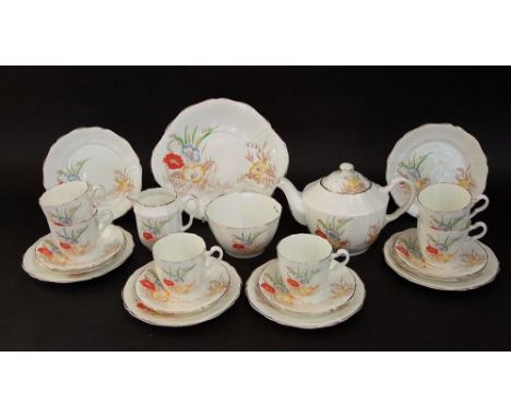 A six place Paladin Fenton art deco tea service, with printed and infilled floral decoration comprising tea pot, milk jug, su