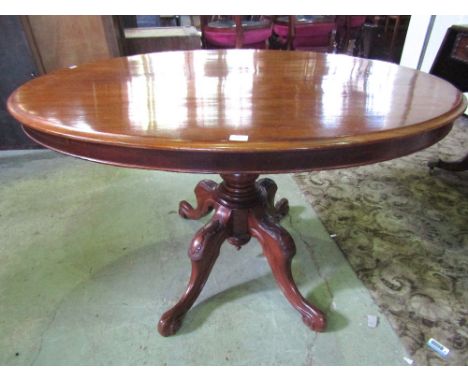 A Victorian mahogany loo table, the oval top raised on a carved pillar and quadruped base