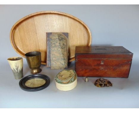 A mixed lot to include a fruit wood tea caddy, a horn cup, an oak twin handled gallery tray and others