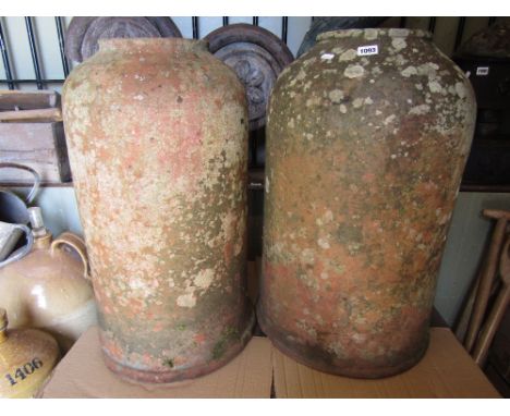 A weathered vintage terracotta bell shaped rhubarb forcer, 66 cm high approx, together with one other similar