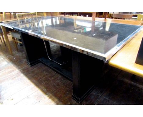 Heals impressive and rare Bauhaus dining table with ebonised cellulosed top with chrome rim upon a twin architectural refecto