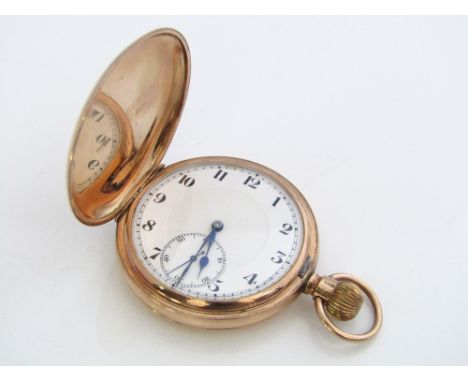 9ct hunter pocket watch, with enamel dial, subsidiary second dial and Arabic numerals, 90 grams gross