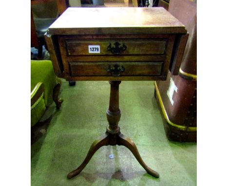 A small Georgian style walnut veneered drop leaf occasional table fitted with two frieze drawers raised on a vase shaped pill