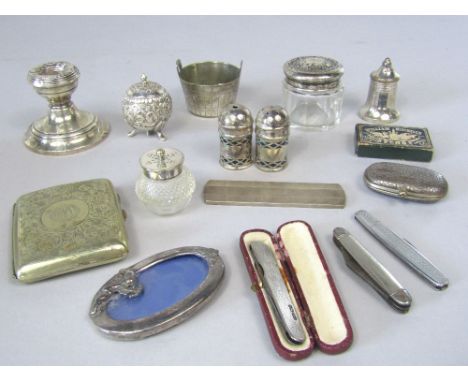 A mixed collection of bijouterie silver to include silver pocket/pen knife, silver cased tortoiseshell comb, eastern white me