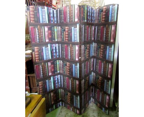 A freestanding four fold screen, the arched panels rexine covered with studded detail and later decorative paper panels with 