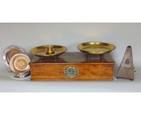 Attractive Victorian fruitwood table top scales, with two brass plates and weights, together with a metronome and three silve