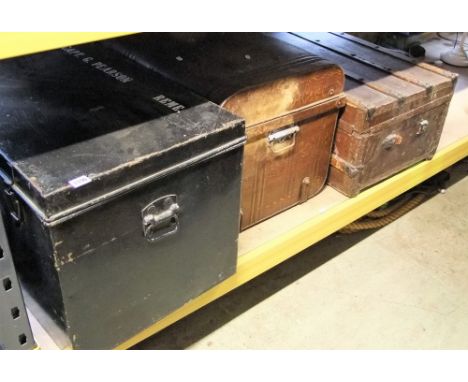 A Victorian timber lathe bound cabinet trunk with steel fittings, a Victorian domed top tin trunk with simulated wood grain f