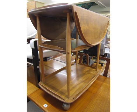 Ercol light elm three tier trolley with drop leaf top, 77 cm high