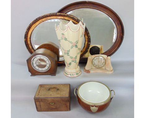 A mixed miscellaneous lot to include mahogany tea caddy, oak treen bowl with ceramic interior, two vintage clocks, ceramic um