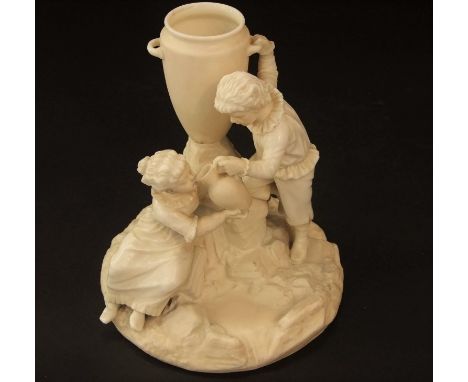 A Royal Worcester Hadley ivory glazed figure group of a pair of children beside a water urn, with impressed mark to base and 