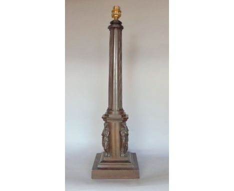 A good quality Corinthian column table lamp, the square plateau mounted by four classical figures, 56cm high