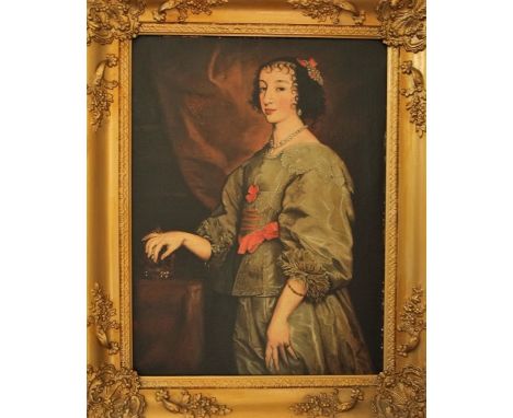 An oil painting on canvas in the 17th century manner - three quarter length portrait of Queen Henrietta Maria, 59 x 44 cm in 