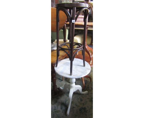 A vintage bentwood high stool of circular form together with an occasional table with circular white marble top raised on a v