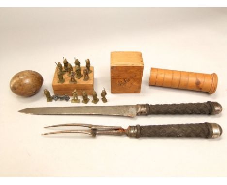 A mixed lot to include treen card box, counter holder, egg and a box fitted with miniature toy soldiers, together with a furt