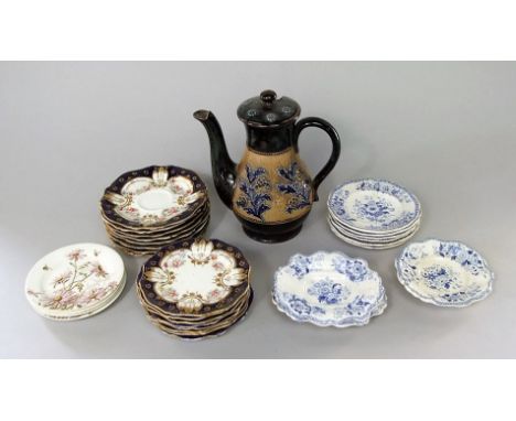 A Doulton Lambeth coffee pot and cover with moulded and painted leaf and floral decoration, with impressed marks to base RB? 