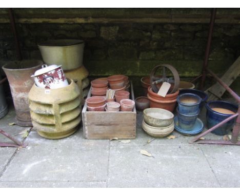 A pair of reclaimed buff coloured chimney pots/vented cowls, one other, a quantity of old terracotta flower pots, small vinta