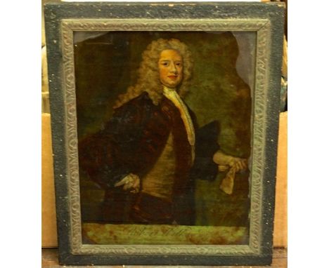 An 18th century coloured engraving on glass, portrait of Robert Wilks Esq, 34 cm x 24 cm, framed together with a small 19th c