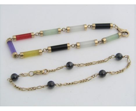 A 9ct gold bracelet composed of jade and various hardstone links, together with a further 14k bracelet interspersed with blac