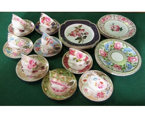 A collection of decorative cups and saucers from the Coalport China Museum collection comprising eight cups and eight saucers