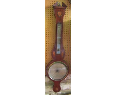 A late 19th/early 20th century banjo barometer thermometer, inlaid with conch shells in stained boxwood, by J Pastorelli of L